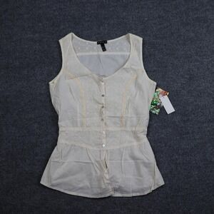 FANG Sleeveless Shirt Womens Medium Cream Button Front Eyelet Peplum Top